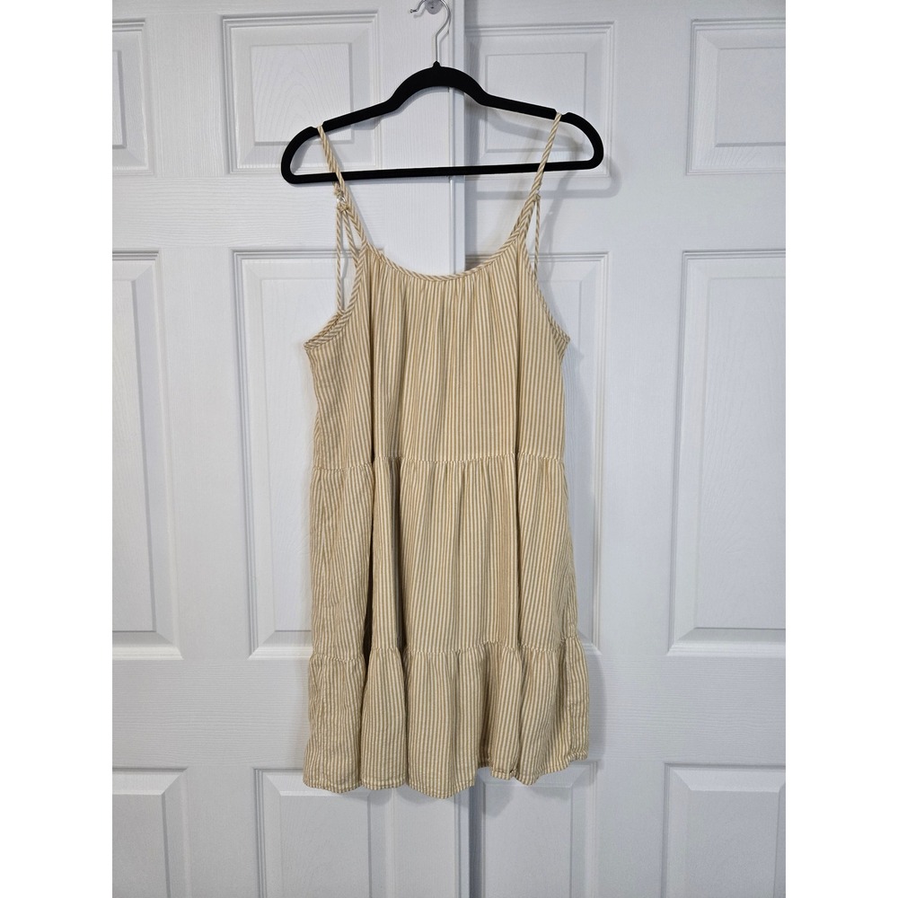 Yellow White Striped Tiered Mini Dress Tie Shoulder Spaghetti Strap Summer Boho